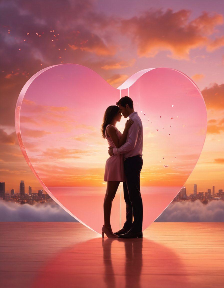 A warm and inviting scene depicting a couple sharing a loving moment, surrounded by floating heart-shaped insurance policy documents and symbols of security like a shield and a lock. Include soft, glowing lights to evoke a sense of safety and warmth, with a beautiful sunset in the background symbolizing hope and protection in love. The colors should be soft yet vibrant, enhancing the feeling of affection and commitment. super-realistic. vibrant colors. warm lighting.