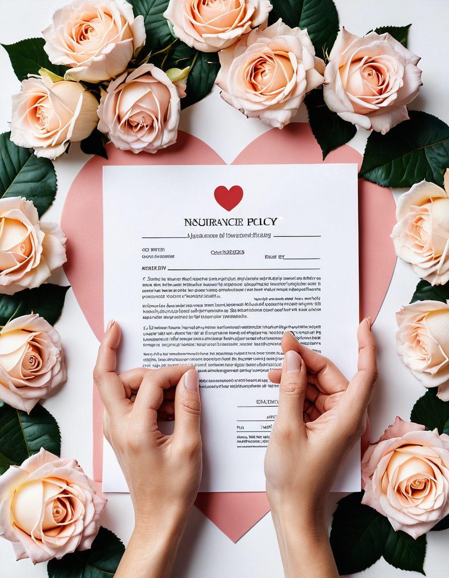A heart-shaped insurance policy document surrounded by various symbols of love, including roses and intertwined hands, representing warmth and connection. In the background, soft, calming colors create an inviting atmosphere, while subtle hints of legal documents suggest reliability and protection. The scene balances romance and security, reflecting the essence of custom insurance plans for love. super-realistic. soft pastels. white background.