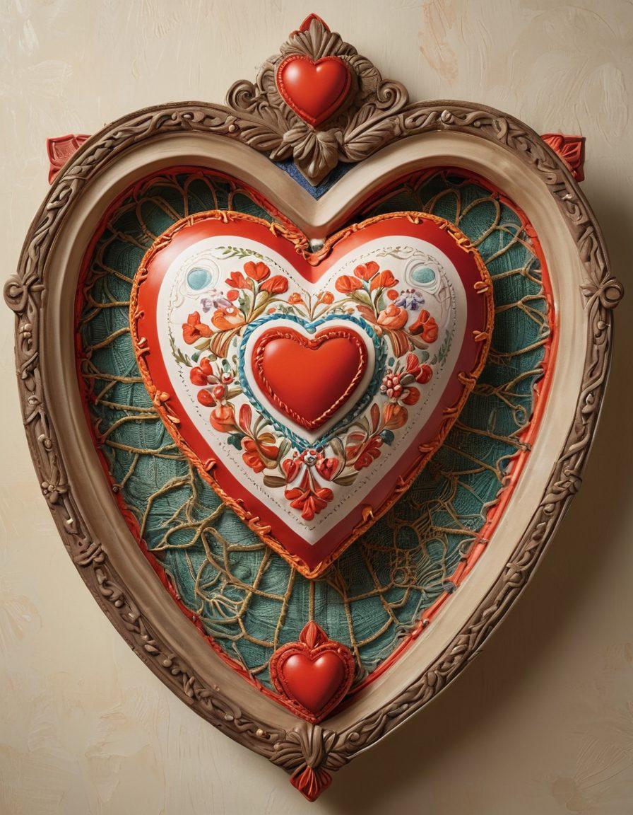 A heart-shaped shield representing emotional protection, surrounded by symbolic elements of love and relationships like intertwined hands, a lifebuoy with hearts, and a safety net woven from soft, colorful threads. The background should be warm and inviting, evoking a sense of safety and trust. The overall style should be a blend of super-realistic and whimsical art, with vibrant colors to capture attention.